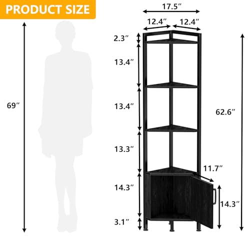 5-Tier Corner Bookshelf with LED Lighting and Storage Cabinet, 62.8-Inch Tall