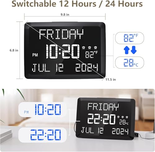 11.5-inch Large Digital Wall Clock with Temperature, Date, and 3 Alarms