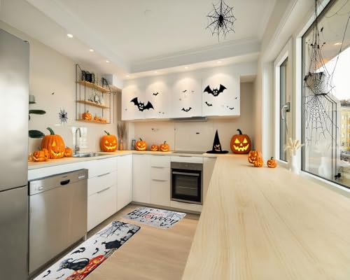 Halloween Kitchen Rugs Set of 2 with White Cat & Pumpkin Decor, Non-Slip Washable Floor Mats