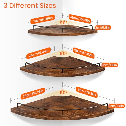 3-Piece Wall Mounted Corner Floating Shelves with Guardrail, Rustic Brown