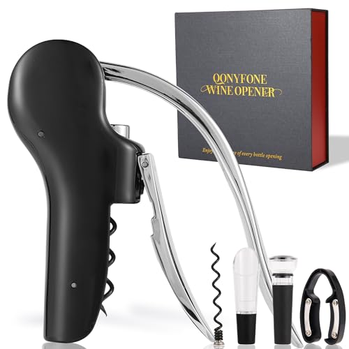 QONYFONE Black Vertical Lever Wine Corkscrew Set - 5-Piece with Foil Cutter & Stopper