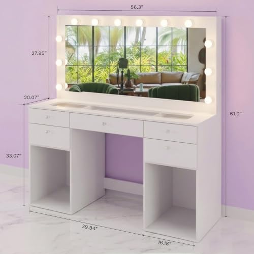 Large Vanity Desk with Framed Bulb Mirror and 5 Drawers