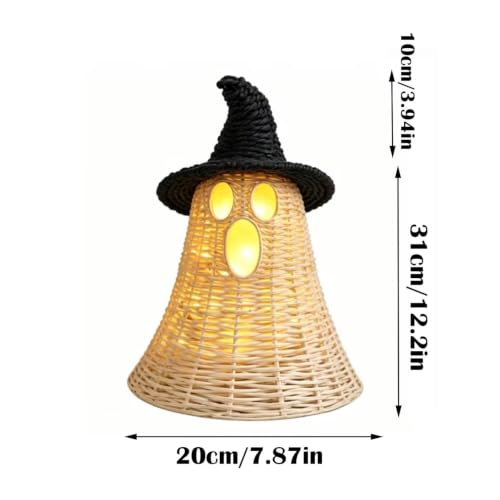 Handwoven Natural Rattan Ghost Table Decor with Black Witch Hat