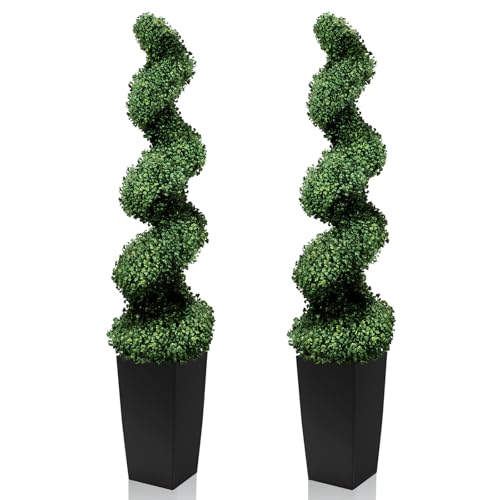 5FT Artificial Spiral Topiary Trees, Set of 2 UV Resistant Faux Boxwood Plants