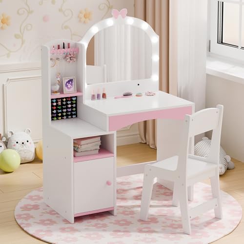 Kids Vanity Table and Chair Set with LED Mirror and Jewelry Organizer