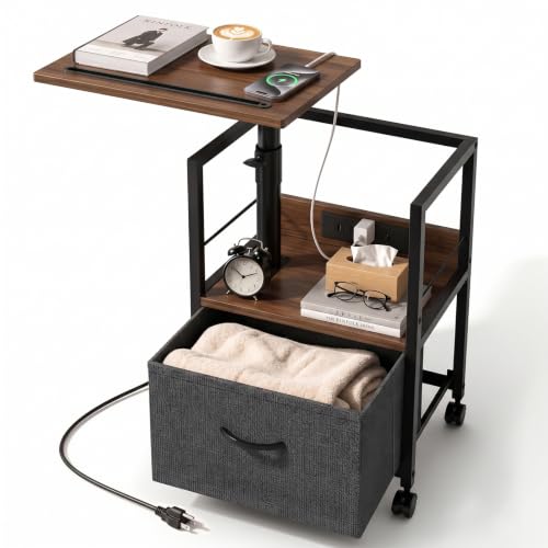 Swivel Top Nightstand with Charging Station and Fabric Drawer, Rolling Table