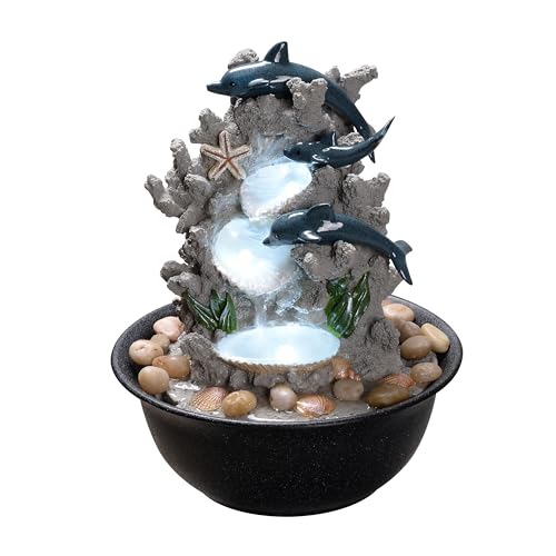Indoor Dolphin Tabletop Water Fountain with LED Light & River Rocks