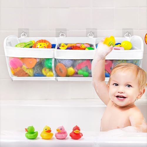 3-Compartment Hanging Bath Toy Organizer with Quick-Dry Mesh and Zippers