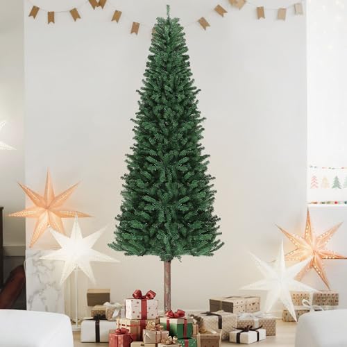 Garvee 7.5 ft Artificial Slim Christmas Tree with Warm White Lights & Metal Stand – Green, Easy Assembly, Holiday Decor for Home & Office