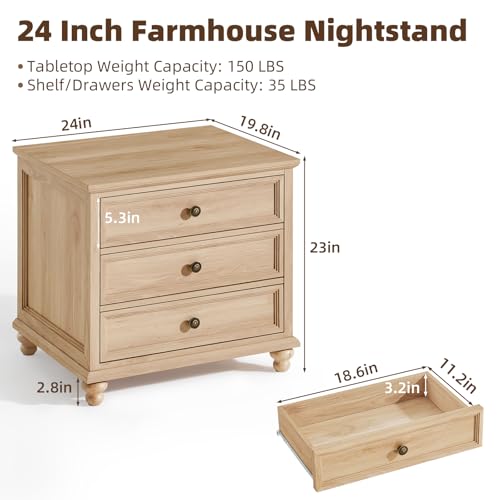 24-Inch Farmhouse 3-Drawer Nightstand Set of 2, Rustic Wood Bedside Table