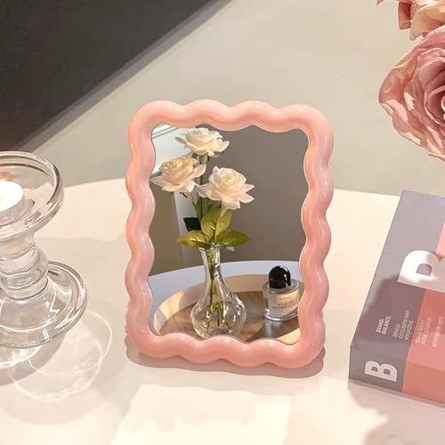 Pink Wave Desk Vanity Mirror Small Makeup Mirror Portable Office Table