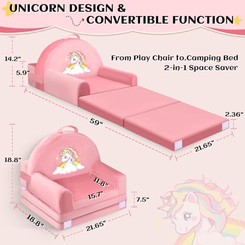 Unicorn Foldable Kids Sofa Bed, Washable Toddler Chair for Play and Naps