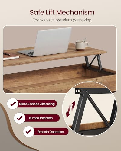 VASAGLE Honey Brown Lift Top Coffee Table with Hidden Storage - 19.7D x 39.4W x 22.8H