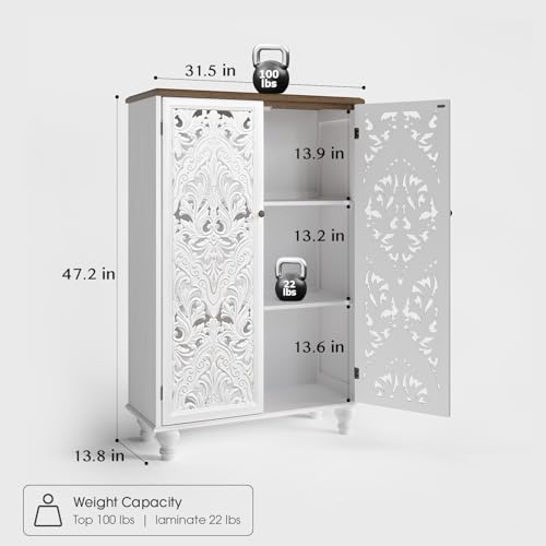 JOINICE 47-Inch Distressed White Tall Accent Cabinet with Carved Doors & Storage