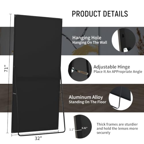 71" x 32" Full Length Floor Mirror with Metal Frame, Standing or Wall-Mounted