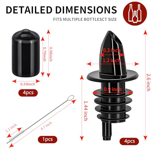 Eispap Black Plastic Bottle Pourers with Rubber Dust Caps - 4 Pack for Oil & Liquor
