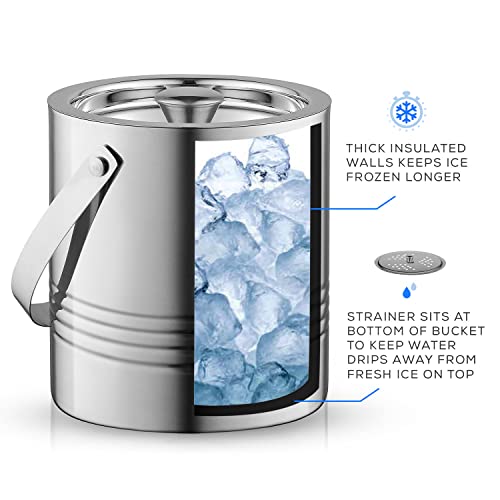 JoyJolt Double Wall Stainless Steel Ice Bucket with Lid & Tongs, 3L