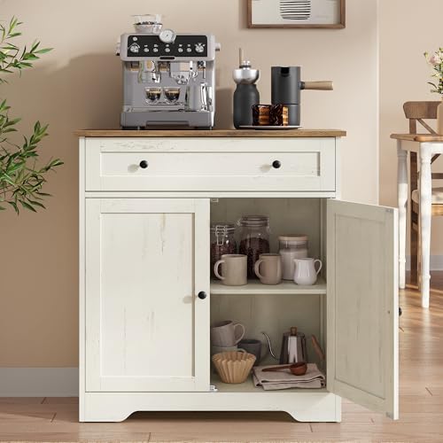 Farmhouse Coffee Bar Cabinet with Drawer & Double Doors, Rustic White