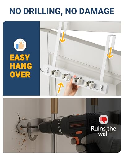 Over the Door Broom and Mop Holder - 4 Slots 4 Hooks Wood Rack