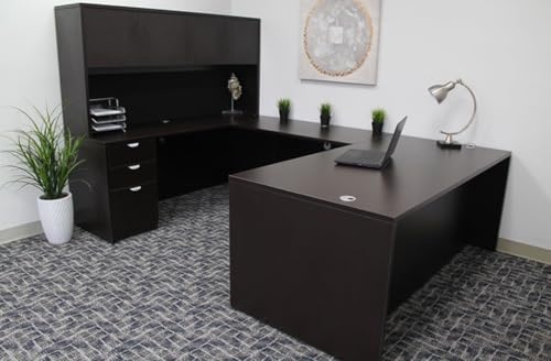 Boss Office Products Holland U-Shape Executive Desk with File Storage & Hutch, 66" Mocha