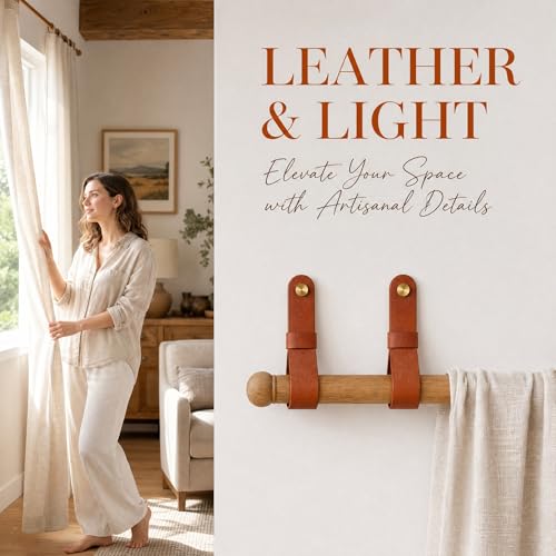 2PCS PU Leather Curtain Rod Holders, Wall Mounted Boho Strap Brackets