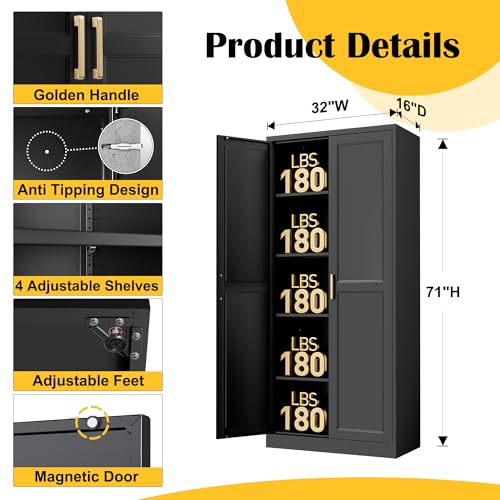 71" Tall Metal Pantry Storage Cabinet with Doors & Adjustable Shelves