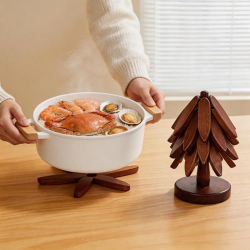Brown Wooden Tree Trivet Set with Stand - Foldable Hot Dish Protector, Walnut Wood