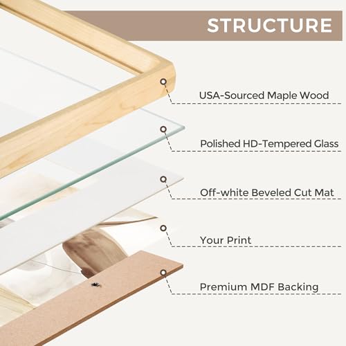 Fun Memories 11x17 Maple Wood Frame with HD Tempered Glass - Handcrafted, Rounded Corners, Wall or Tabletop Display, Variation: Maple / HD Tempered Glass / 1