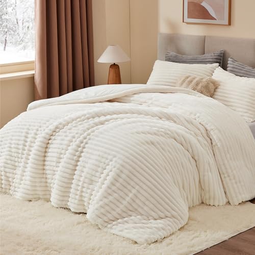 Plush Faux Fur Queen Comforter Set - Warm Fleece Bedding, Cream White