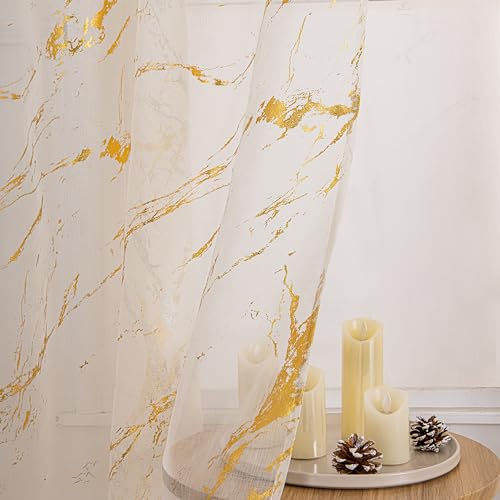 Gold & Cream Sheer Curtains 52 x 96 Inches, Metallic Marble Window Panel, Pack of 2