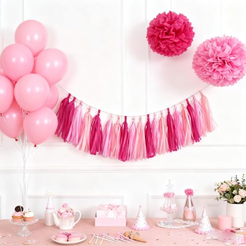 30-Pack Tissue Paper Tassel Garland Banner - Pink & Hot Pink Party Decor