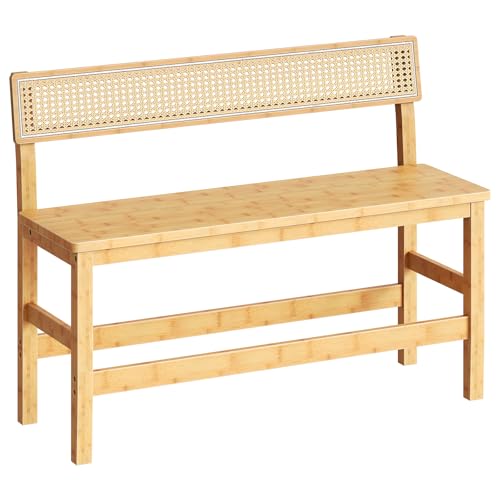 Bamboo Dining Bench with Rattan-Style Backrest, Farmhouse Entryway Seating