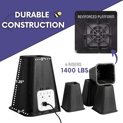 Heavy Duty Bed Risers with USB Outlets - 7.25" Lift, 4-Pack