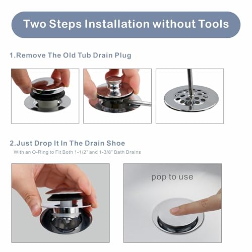 Universal Pop Up Bathtub Drain Stopper, Chrome Solid Brass Bath Drain
