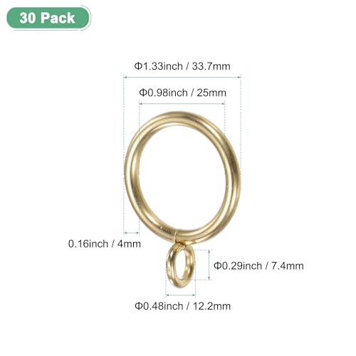30-Pack Gold Curtain Rings with Eyelet, 1-Inch Rustproof Metal Drapery Rings