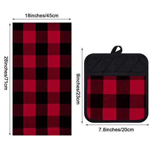 Buffalo Check Kitchen Towels & Pot Holders Set - Black and Red, 4 Pieces