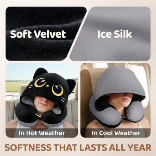 Travel Neck Pillow with Hood - Memory Foam, Adjustable, Washable, Gray