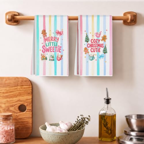 GHUSDFM Retro Pink Christmas Kitchen Towels - 2 Pack, Striped Cute Dish Towels, Christmas Sweetie 786