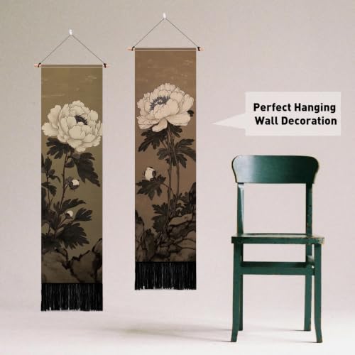 Japanese Peony Vertical Tapestry with Tassels (2 Pack) - Floral Wall Hanging