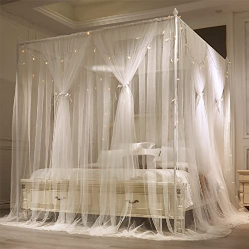 4 Corner Post Bed Canopy Curtain - Double Layer Queen Mosquito Net (White)
