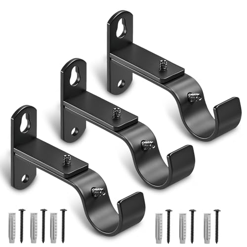 Adjustable Metal Curtain Rod Brackets for 1 Inch Rods - Black, Set of 3