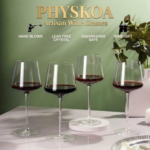 Set of 4 Hand-Blown Square Red Wine Glasses, 18oz Lead-Free Crystal Stemware