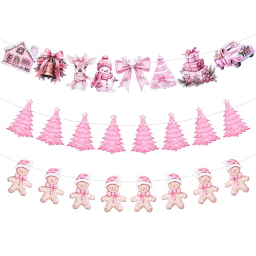 Pink Christmas Banner Set - 16.4 ft Long Gingerbread & Tree Decor