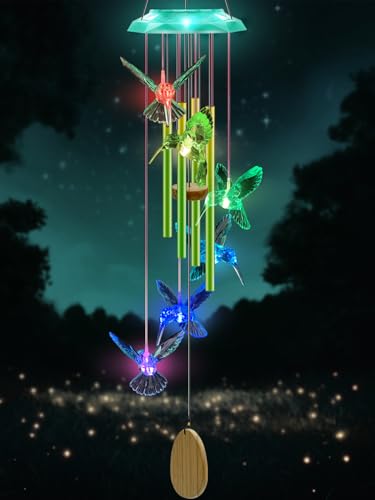 37-Inch Solar Hummingbird Wind Chimes with 7-Color Changing LED Light