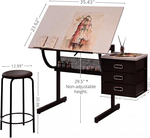 Adjustable Drafting Table with Stool and 3 Drawers, Tilting Art Desk
