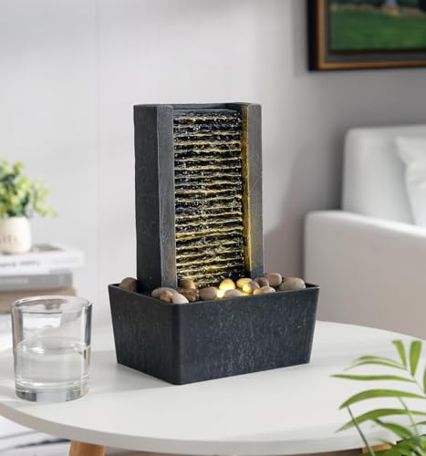 Modern Tabletop Water Fountain with Warm LED Light & Natural River Rocks