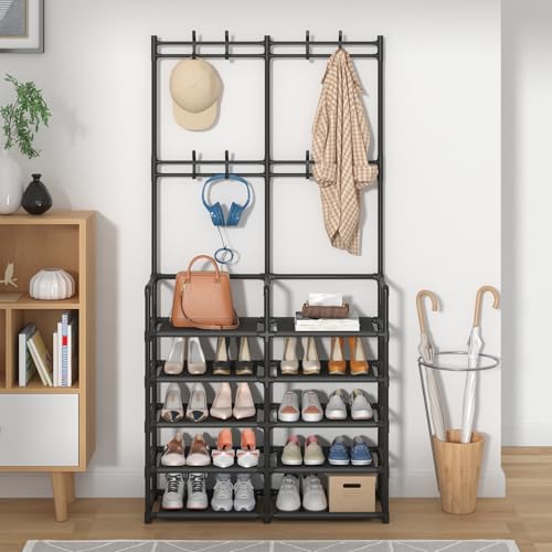 5-Tier Entryway Hall Tree with Shoe Rack and 8 Hooks, Black Storage Organizer