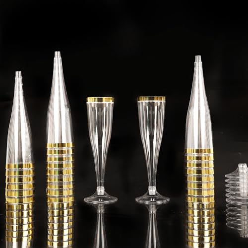 Small Disposable Champagne Flutes Set of 100 - Clear with Gold Rim, 4.5oz