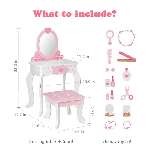 Kids Vanity Set with Mirror, Chair, and 15-Piece Makeup Accessories