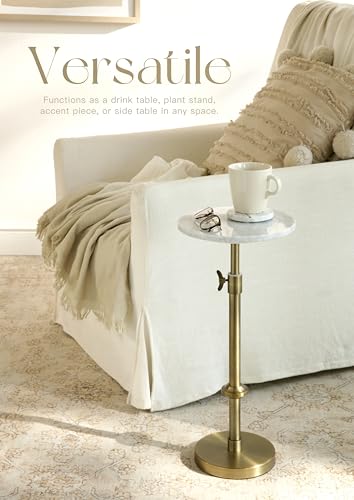 Adjustable 10-Inch White Marble Drink Table with Antique Brass Pedestal